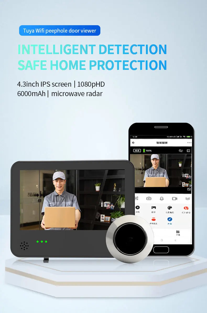 Danmini Tuya Smart Cat Eye Door Security Camera 3MP 4.3 Inch Screen 2K Visual Night Vision PIR Motion Detection Digital Peephole