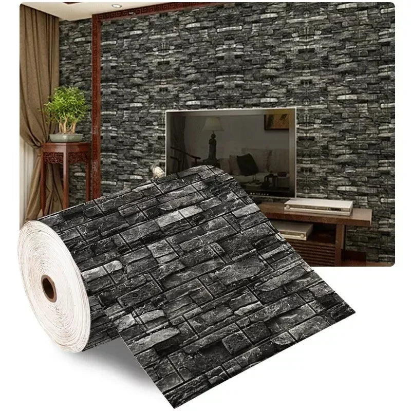 Dark grey 3D stone brick self-adhesive foam wallpaper roll with rough embossed blocks