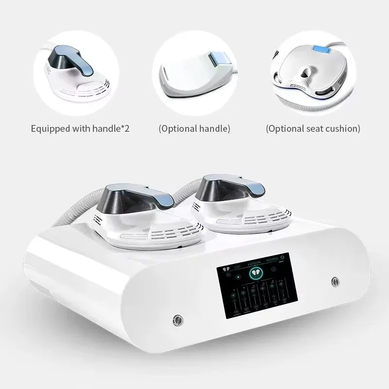 HIEMT EMS body sculpting machine with two applicator handles, touch screen, and optional seat cushion for fat loss.