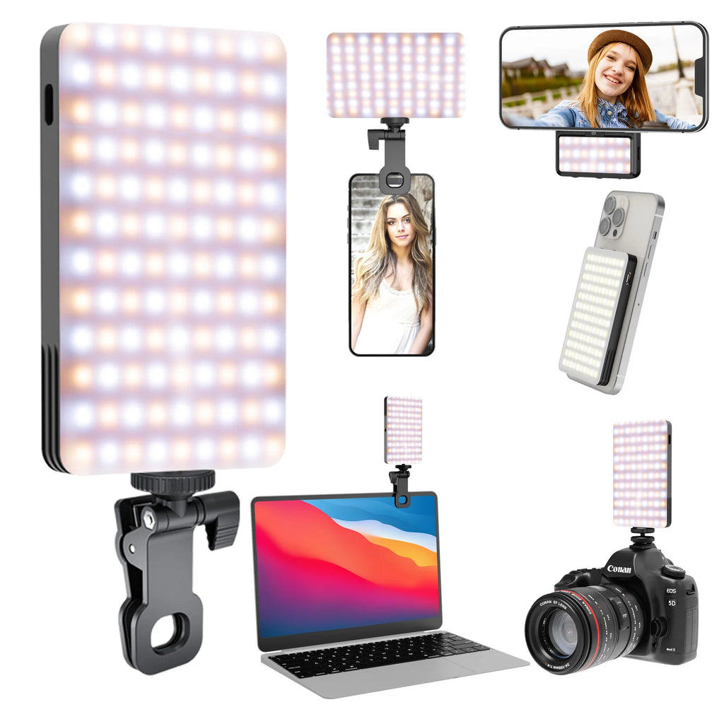 Rectangular LED video light with adjustable clip for mounting on smartphones, laptops, and cameras.