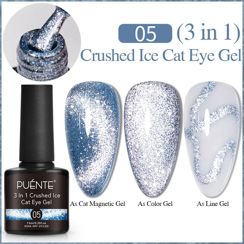 Blue 3-in-1 crushed ice cat eye gel polish in a 7.5ml bottle with swatches for magnetic, color, and line art use.