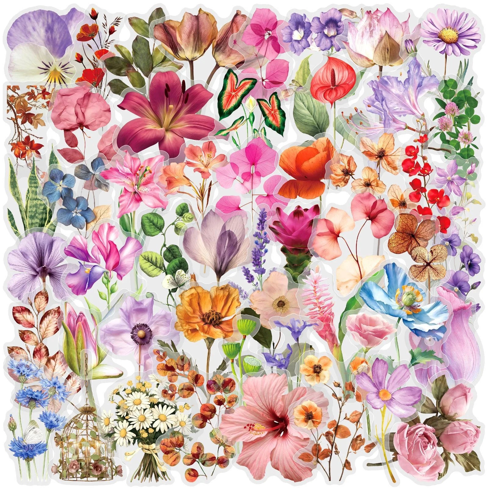 50PCS Color Ink Flower Sticker Pack Waterproof Transparent PET Brochure Flower Material Decorative Notebook Waterproof Stickers