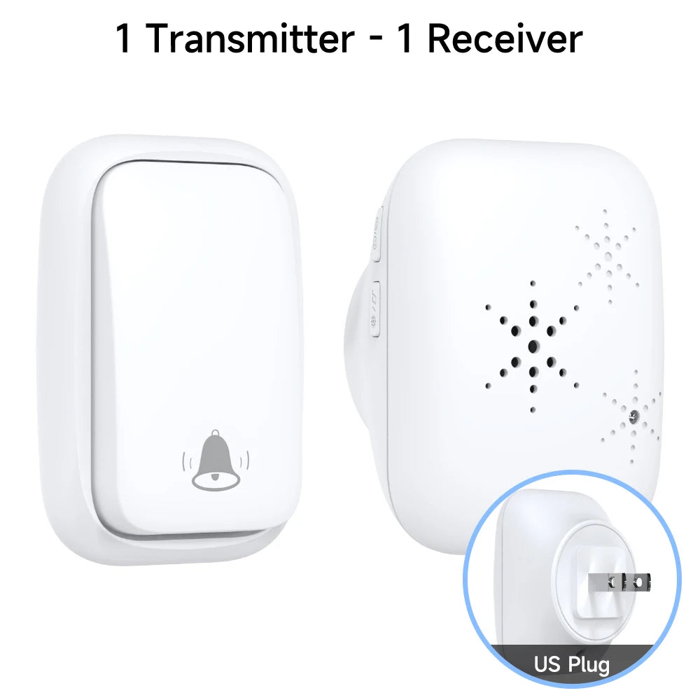 White wireless doorbell kit: transmitter plus receiver with US plug inset