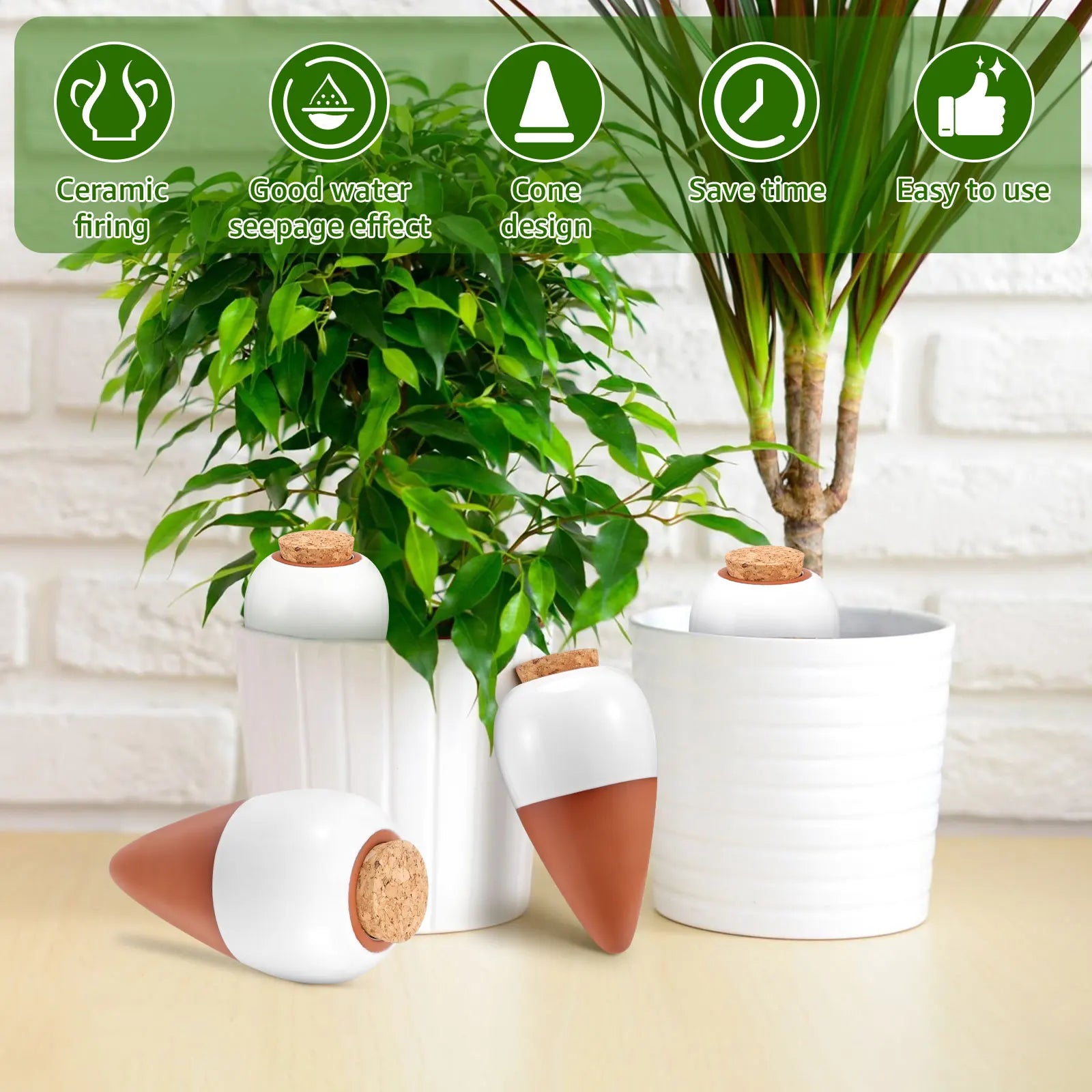 Ceramic self-watering spikes in planters, white domes with terracotta cones and cork plugs