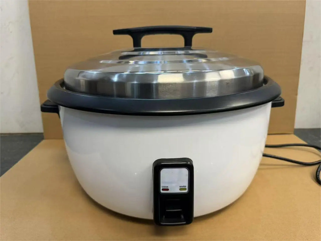 Commercial electric rice cooker with black side handle, front control box, and lid