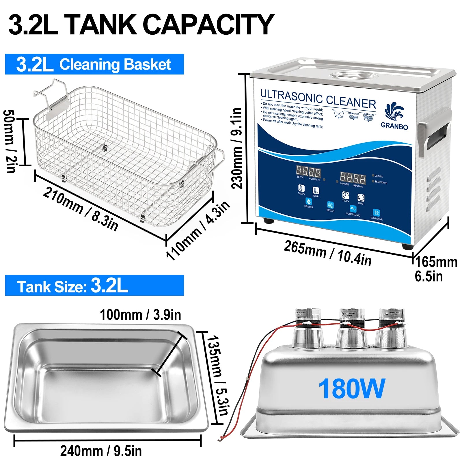 Tidesmit 3.2L 180W ultrasonic cleaner side view showing stainless steel tank for dental and manicure instrument cleaning