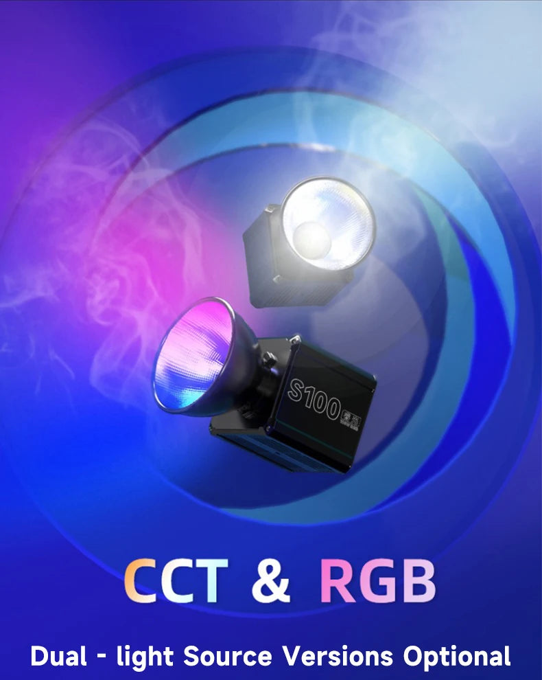 S100 studio light with black housing and dual CCT and RGB light options for photography and video production.