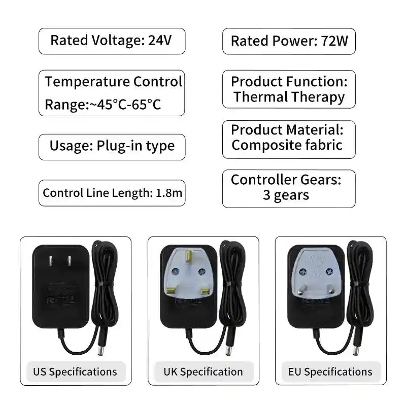 Specifications for a leg therapy heating device, showing technical data and three power plug types (US, UK, EU).