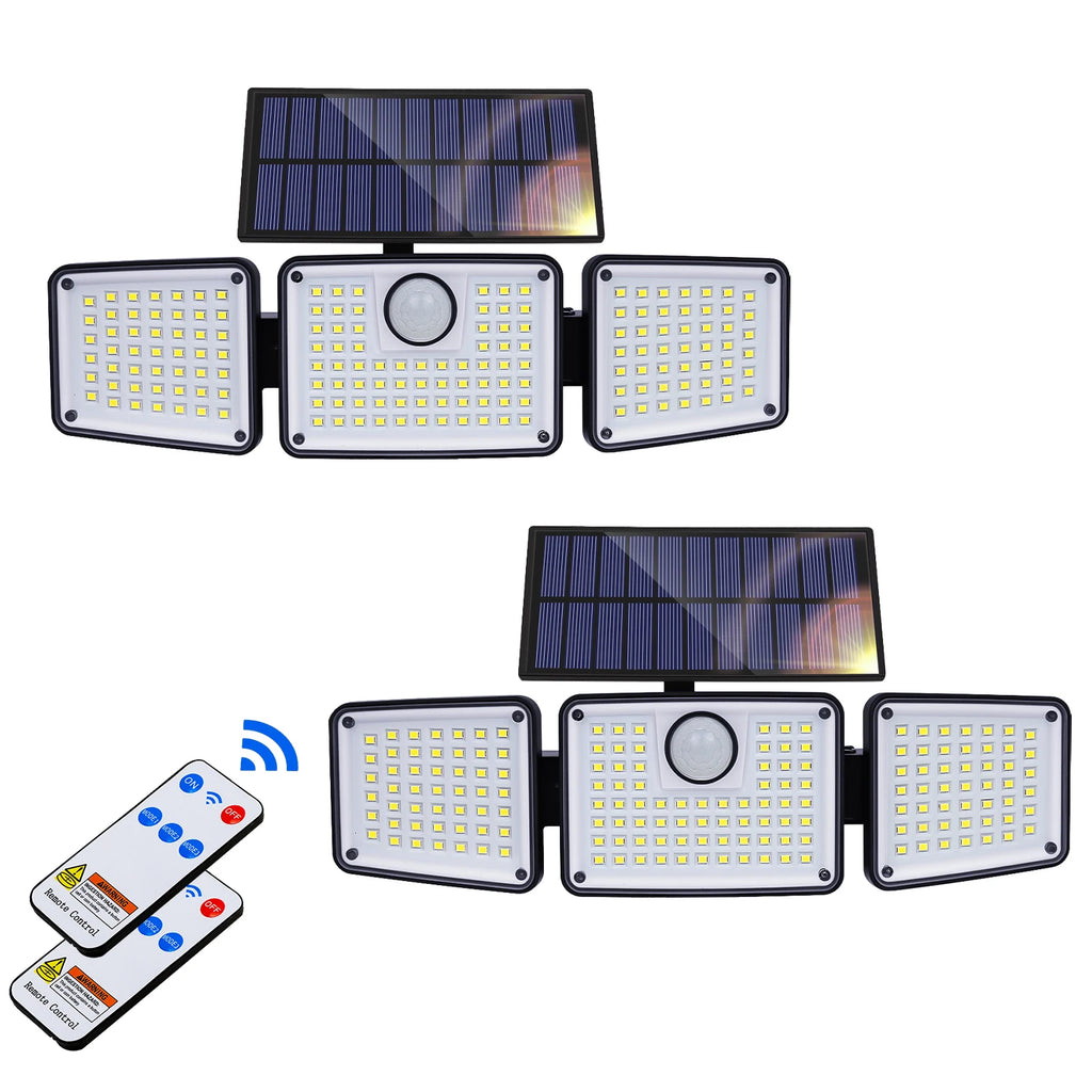 2PCS Solar Lights Outdoor Waterproof, 164LED Motion Sensor Outdoor Lights 3 Heads Security Flood Light 3 Lighting Mode for Patio