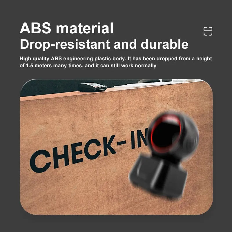 Black ABS desktop barcode scanner with red scan window on a durable drop-resistant base.