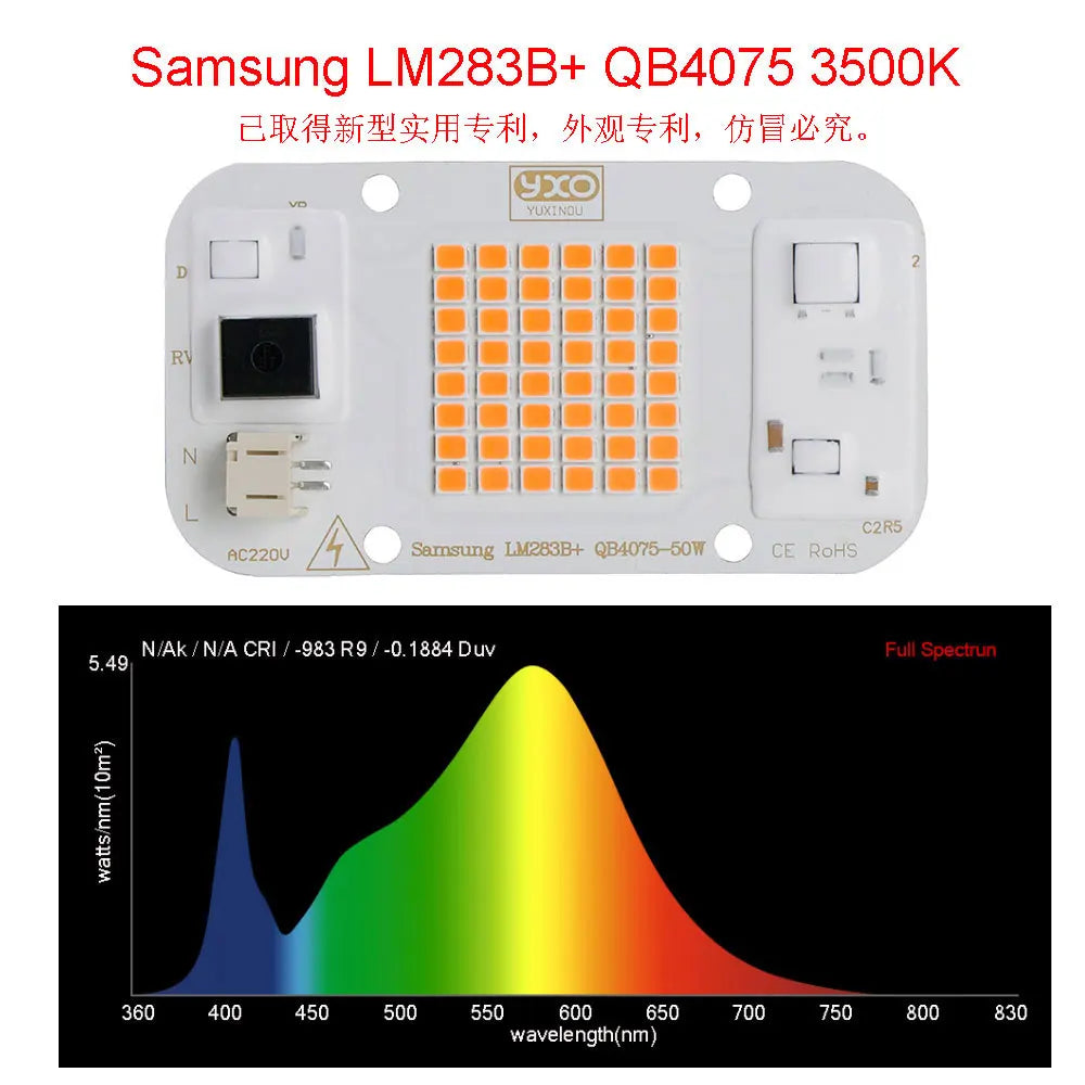 Full spectrum LED grow light chip on white PCB with orange LED array and side connectors