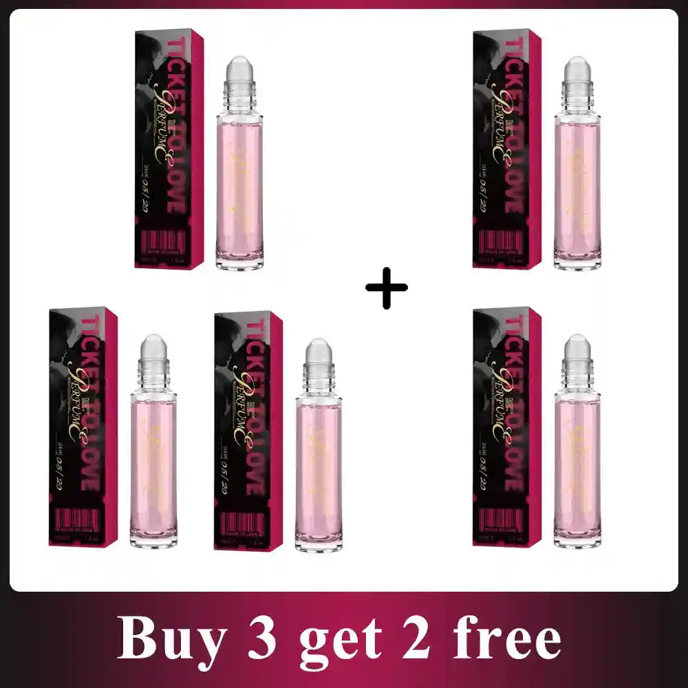 Ticket to Love pheromone perfume roll-on for men and women. Long-lasting, alluring scented oil in pink glass bottles.