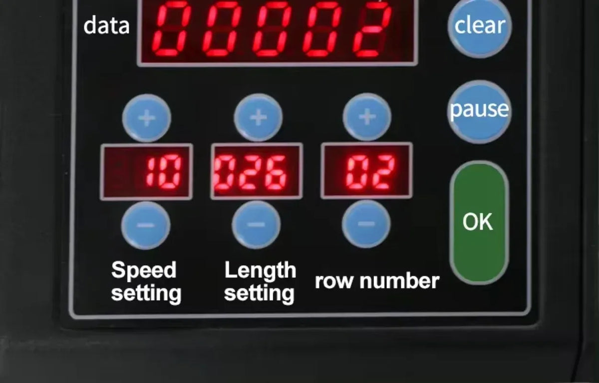 Automatic label stripper machine control panel with speed and length setting buttons