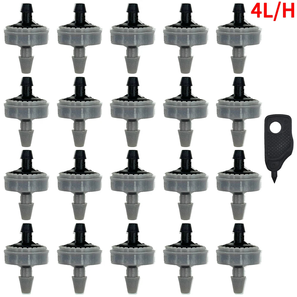 Pressure-compensating drip emitters, black caps with gray bases, multiple pack