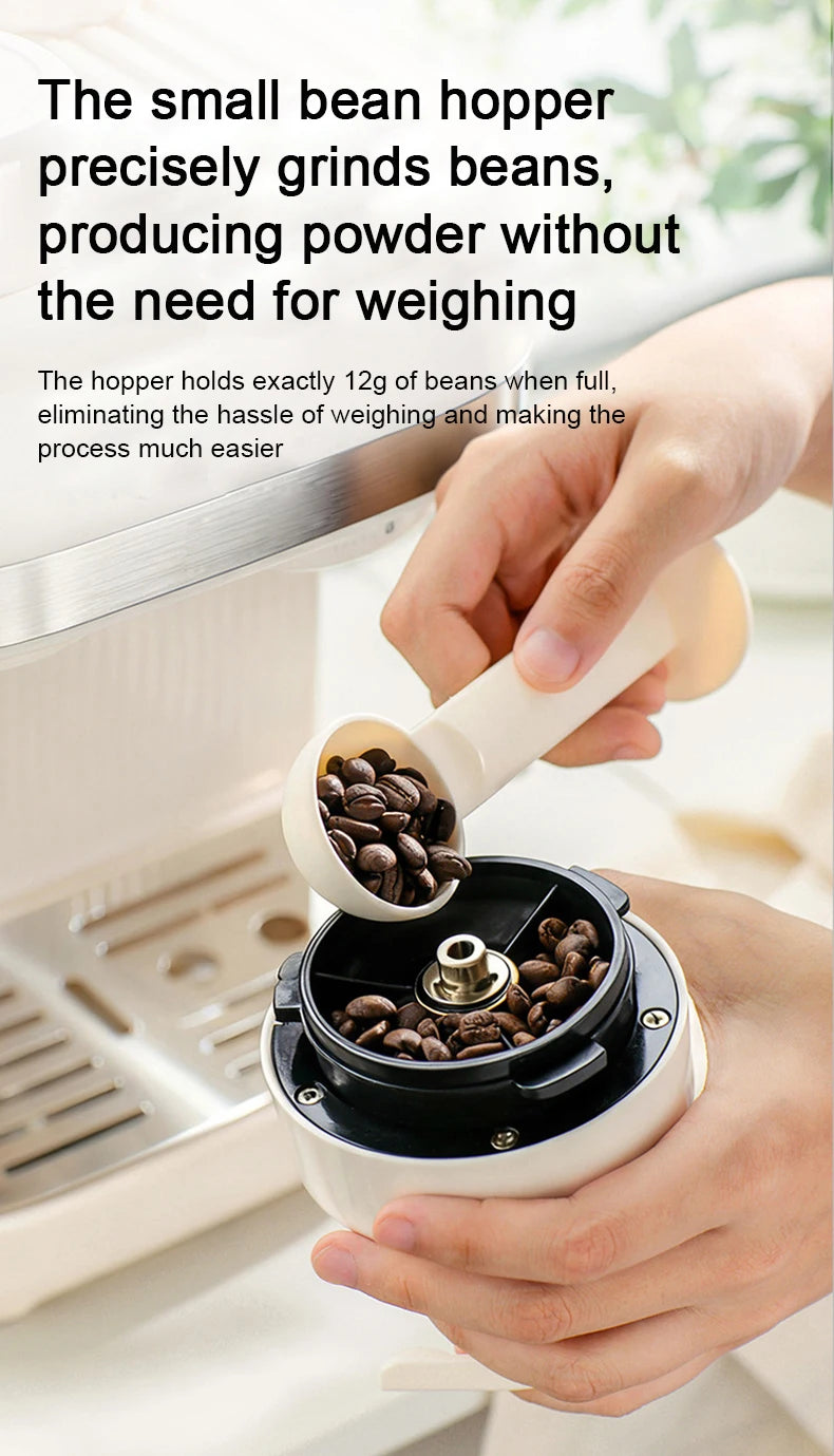 Cream-colored manual coffee grinder with 12g bean hopper, stainless steel and plastic build for precise grinding.
