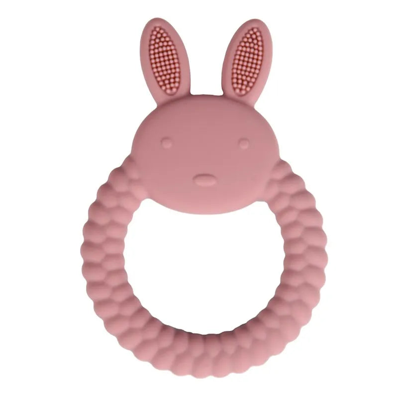 Pink bunny silicone teething ring for baby teething relief.