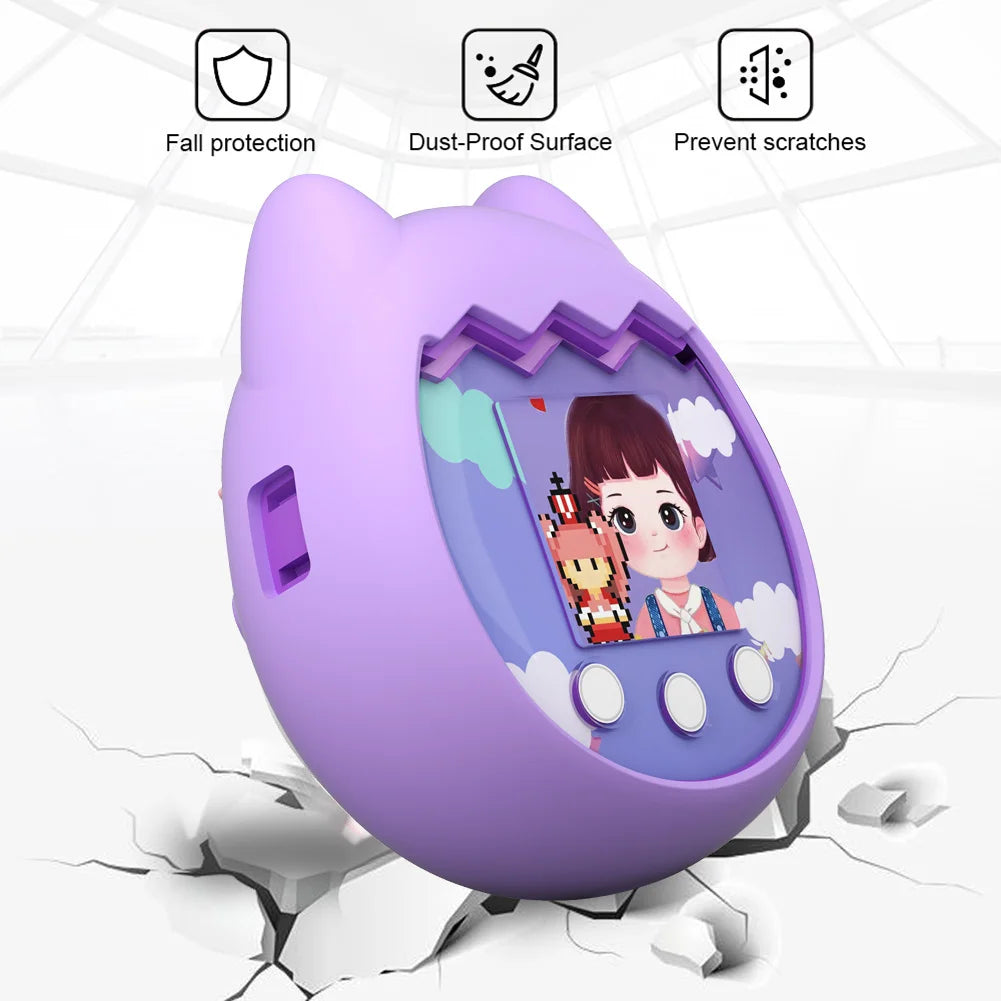 Purple silicone protective case for Tamagotchi Pix virtual pet, shockproof, dust-proof, and scratch-resistant cover.
