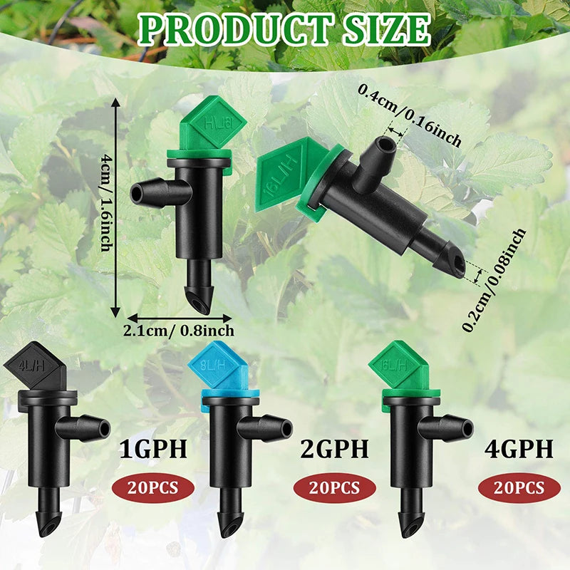 60PCS Drip Emitter Garden Flag Irrigation Dripper in 3 Sizes Trees and Shrubs 1 GPH  2 GPH 4 GPH