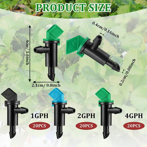 Drip irrigation flag dripper with green or blue cap, black body and outlet nozzle