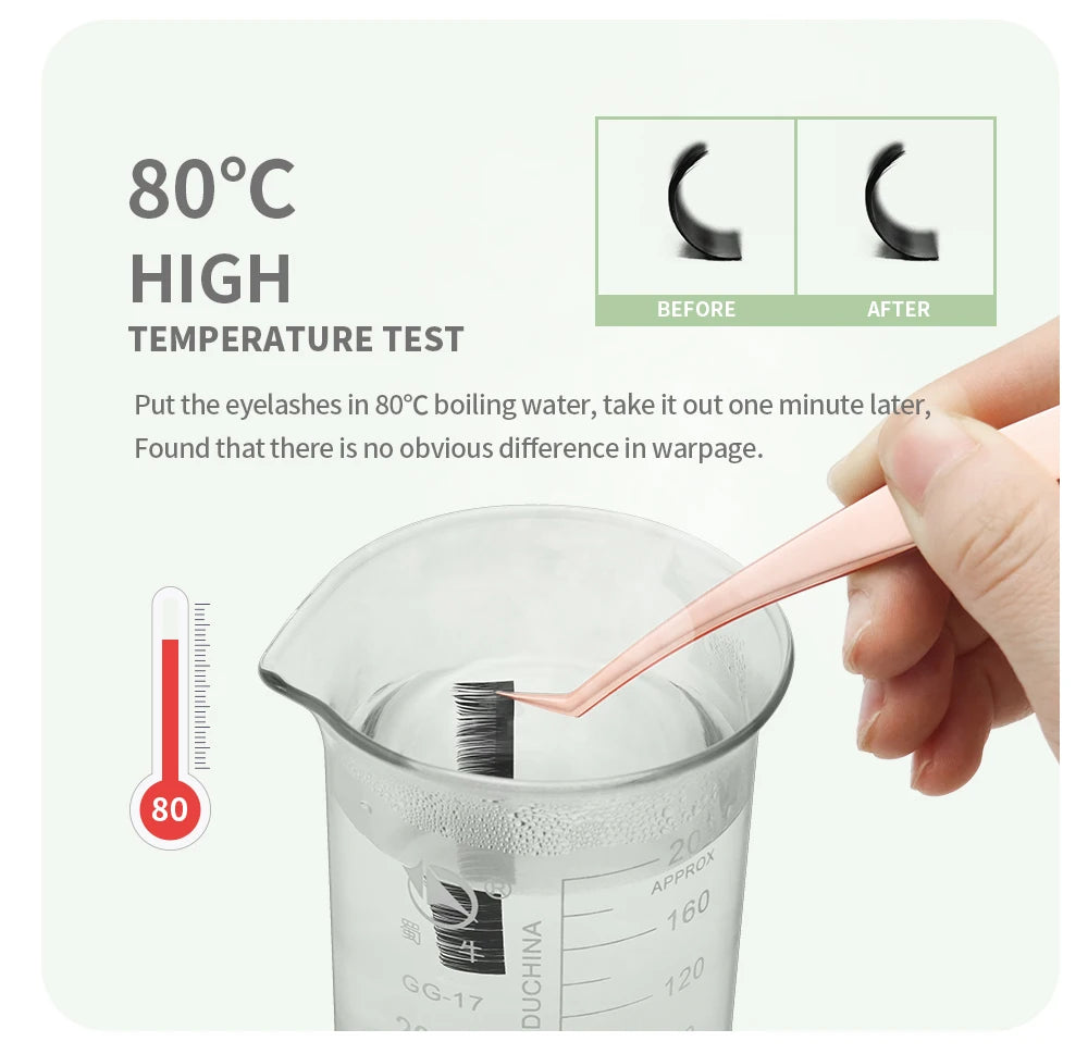 Black synthetic lash extensions undergoing a heat resistance test in boiling water using rose gold tweezers.