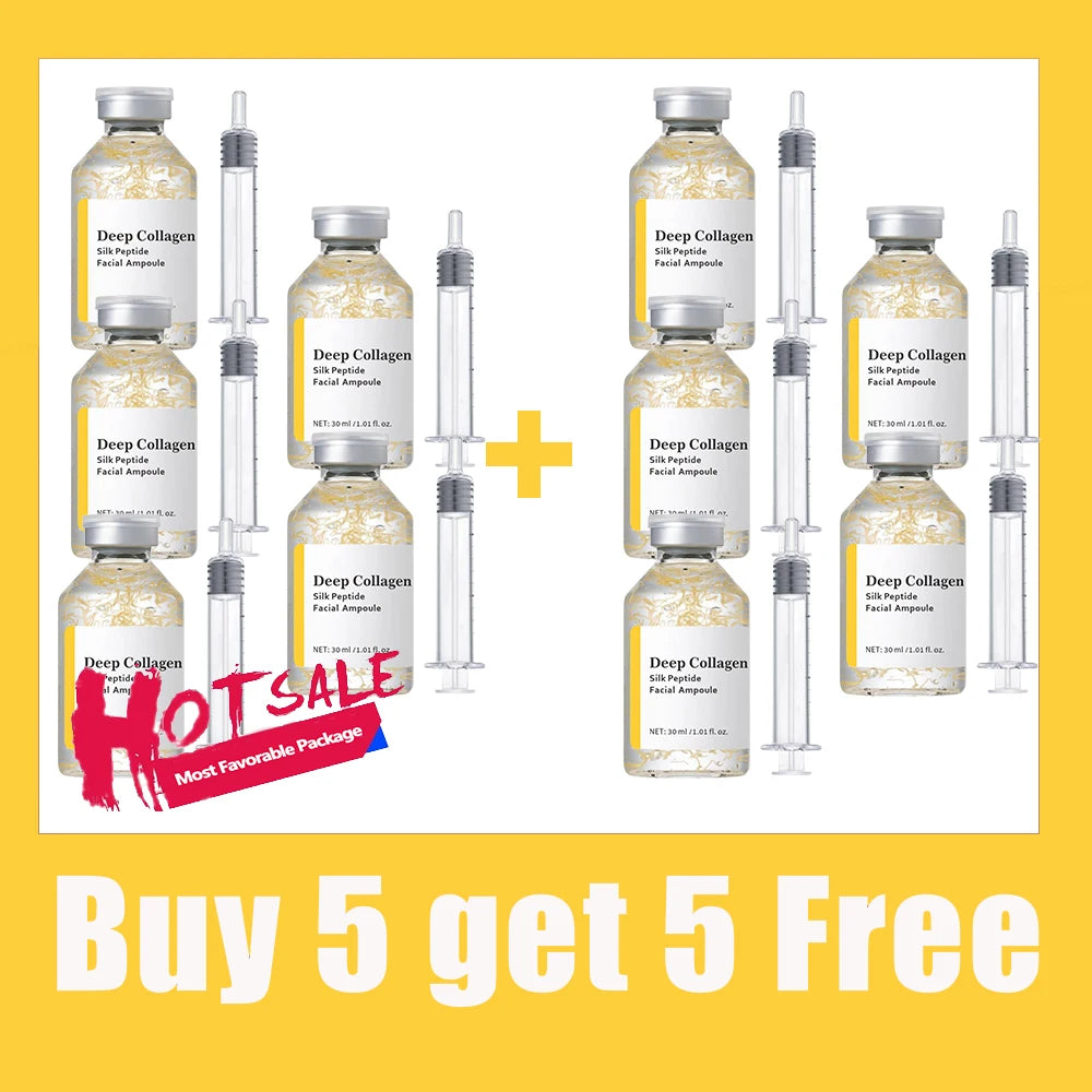 Set of deep collagen silk peptide facial serum bottles with multiple pump droppers and stands