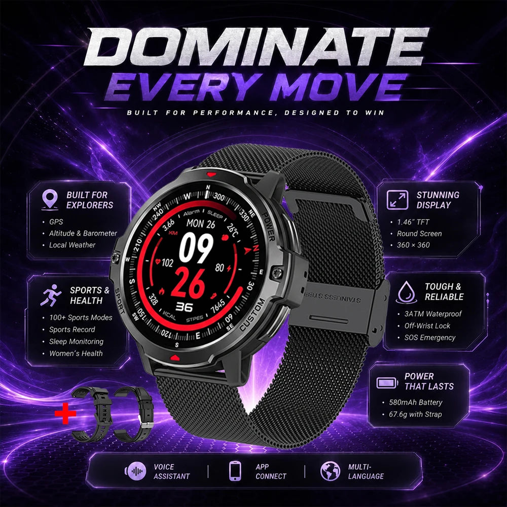 Black GPS smartwatch with 1.46-inch display and mesh-style sport strap