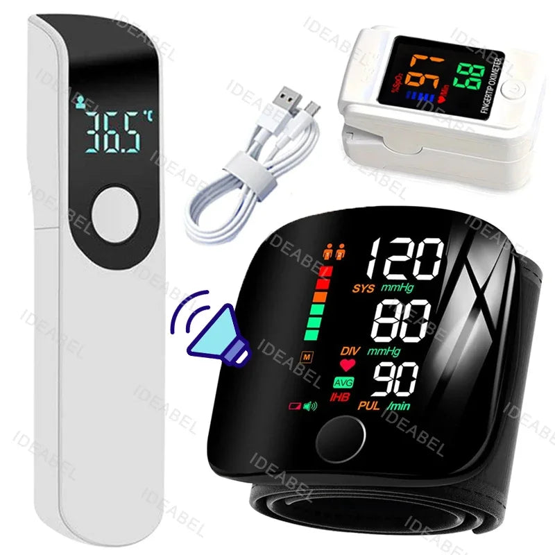 Wrist Blood Pressure Monitor LED Rechargeable English Voice Broadcast Tonometer BP Monitor Forehead Digital Thermometer