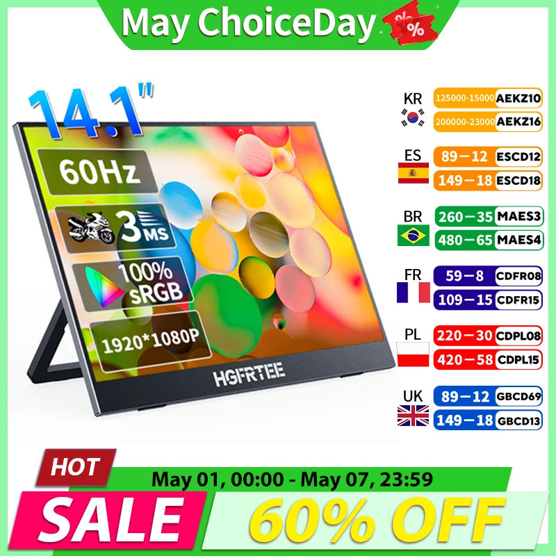 14.1 Inch Portable Monitor 1080P IPS 100%SRGB Gaming Portable Screen with Stand for Laptop PS5/4 Switch Xbox Raspberry Pi