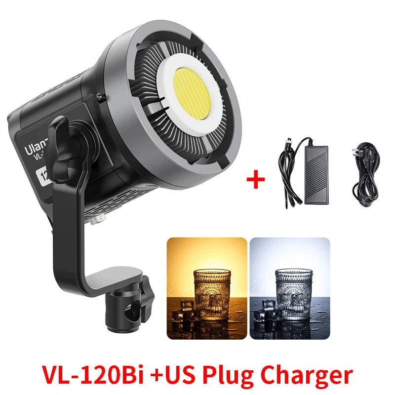 Black VL-120Bi LED video light with COB chip, swivel mount, and power adapter for adjustable warm to cool lighting.