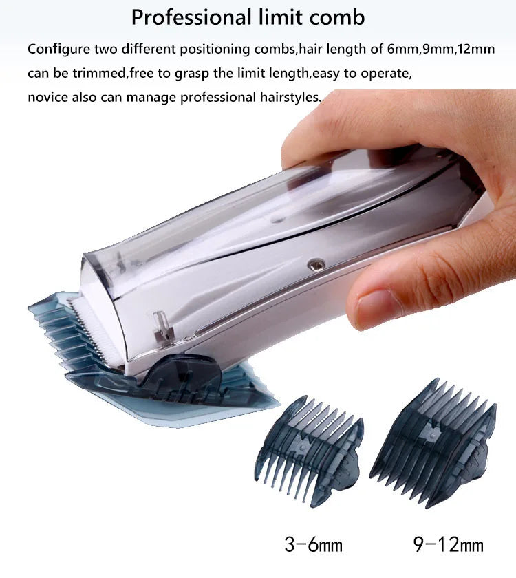 Portable pet hair clipper with adjustable limit combs for precise, easy home grooming of dogs and cats.