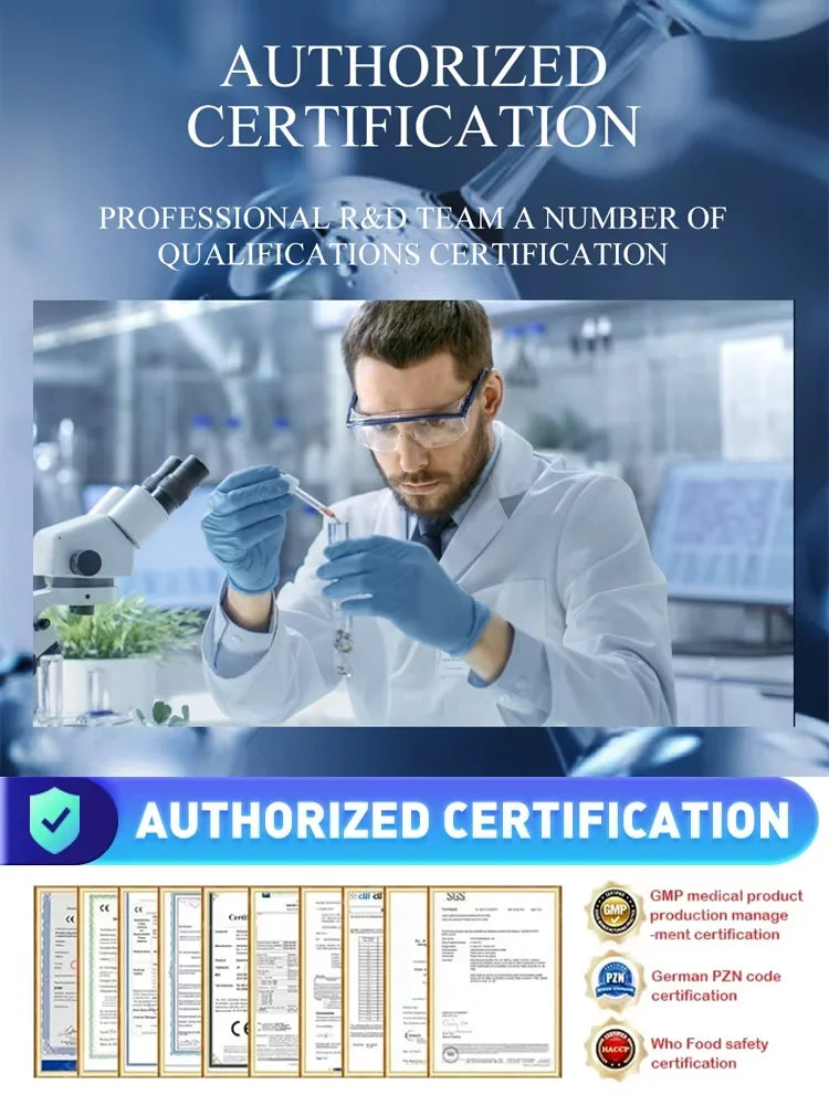 A scientist in a lab coat and goggles working with a test tube, with various certifications and documents below.