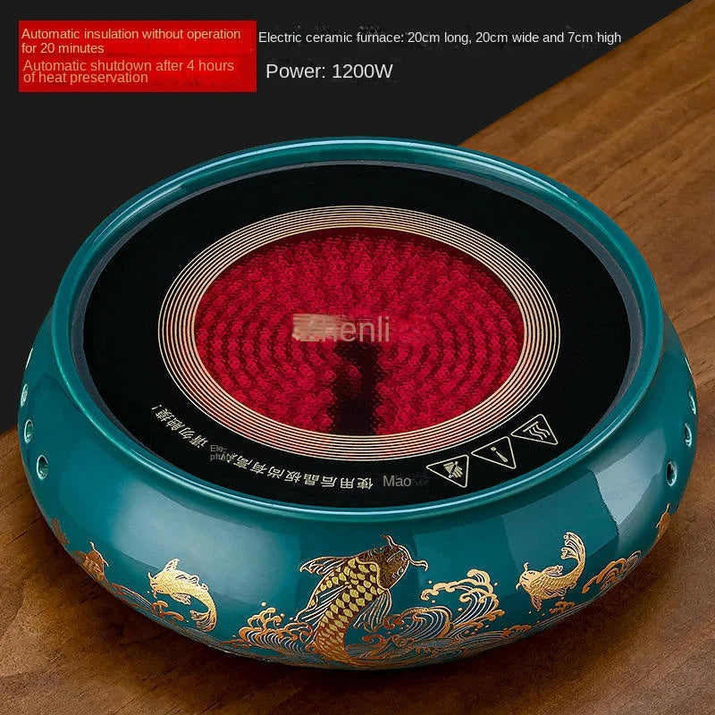 Green electric ceramic tea stove with gold koi fish design, 20cm round, 1200W heating power for tea makers.