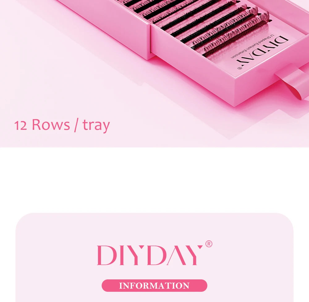 DIYDAY black YY-shaped eyelash extensions in a pink 12-row tray, featuring ultra-soft premium PBT fibers.