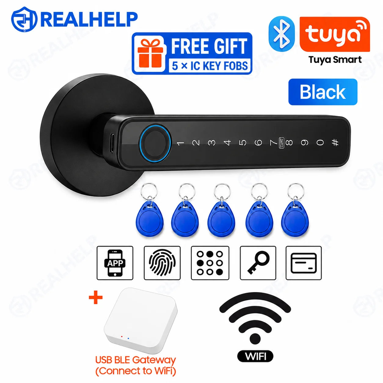 Smart Door Handle Lock with Tuya App Fingerprint PIN RFID Card Mechanical Key Temporary Code for Home Apartment Office
