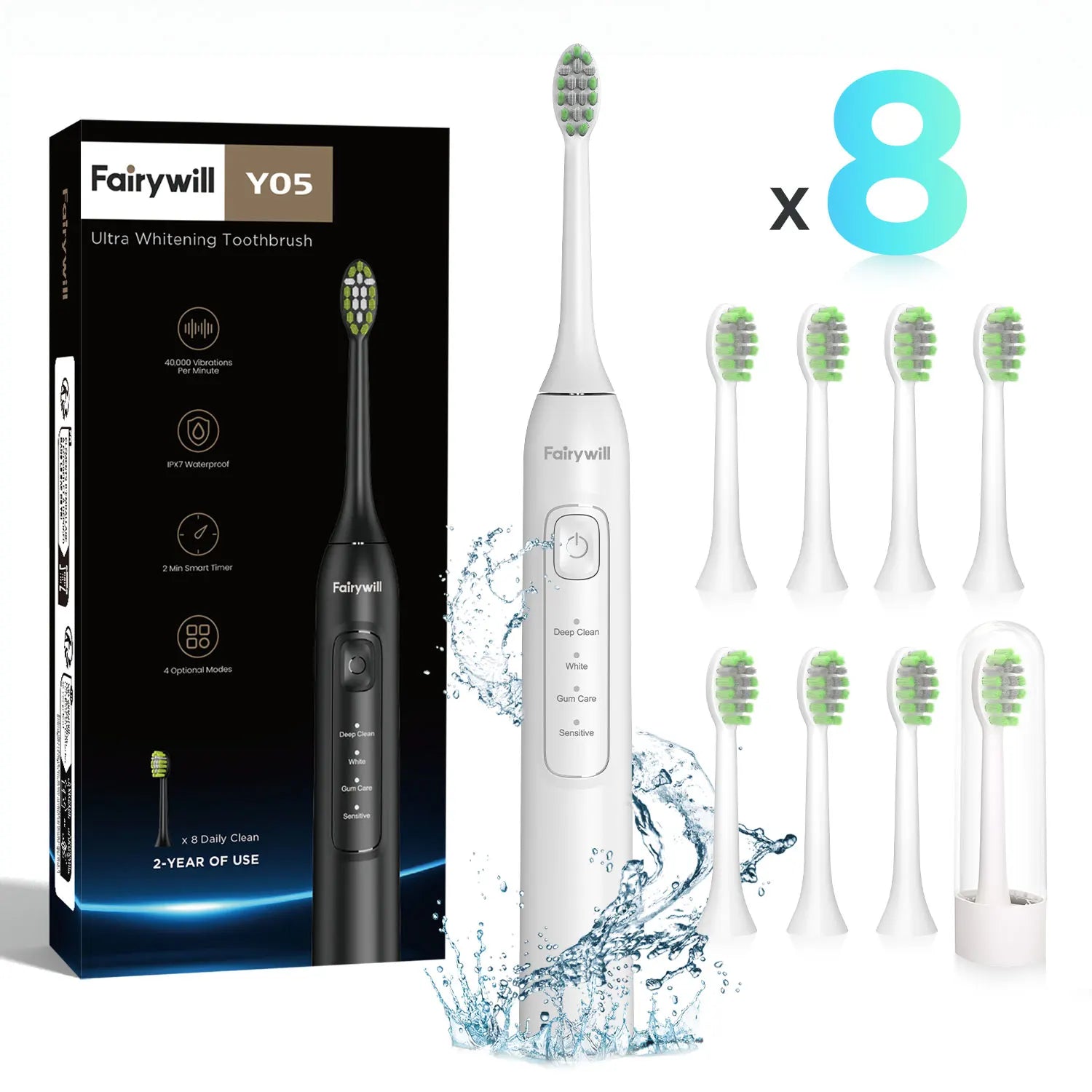 Fairywill Electric Sonic Toothbrush FW-Y05 USB Charge Rechargeable Adult Waterproof Electronic Tooth Brushes Replacement Heads