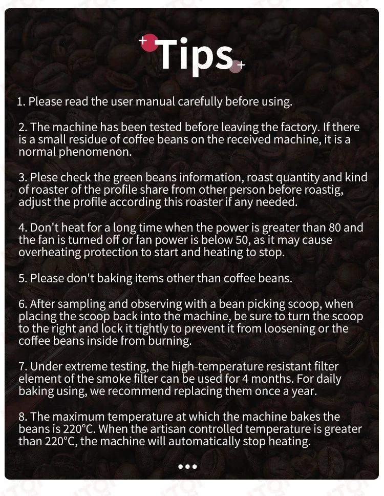 Informational graphic listing tips and usage instructions for a professional coffee bean roaster machine.