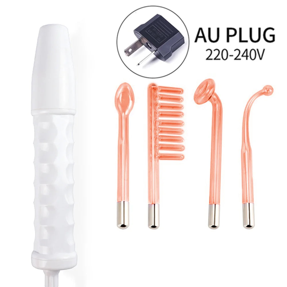 Portable high-frequency facial wand with white handle, four glass electrodes, and an AU plug adapter.