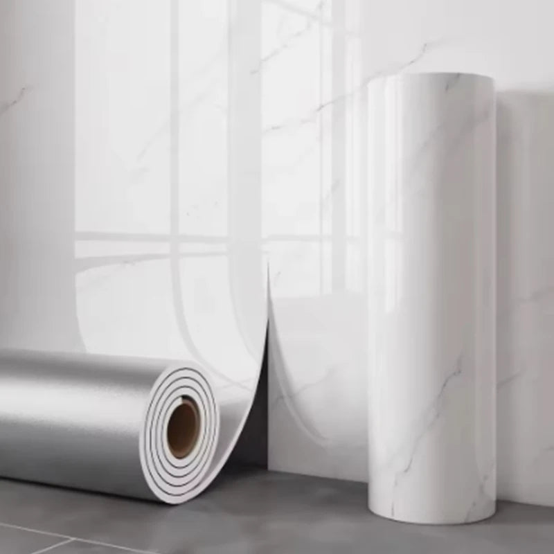 White marble-pattern self-adhesive wallpaper roll with thick foam tile-look design