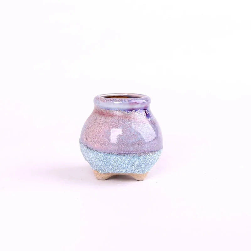 Mini ceramic flowerpot for succulent, pink and light blue crackle glaze, round stand feet.
