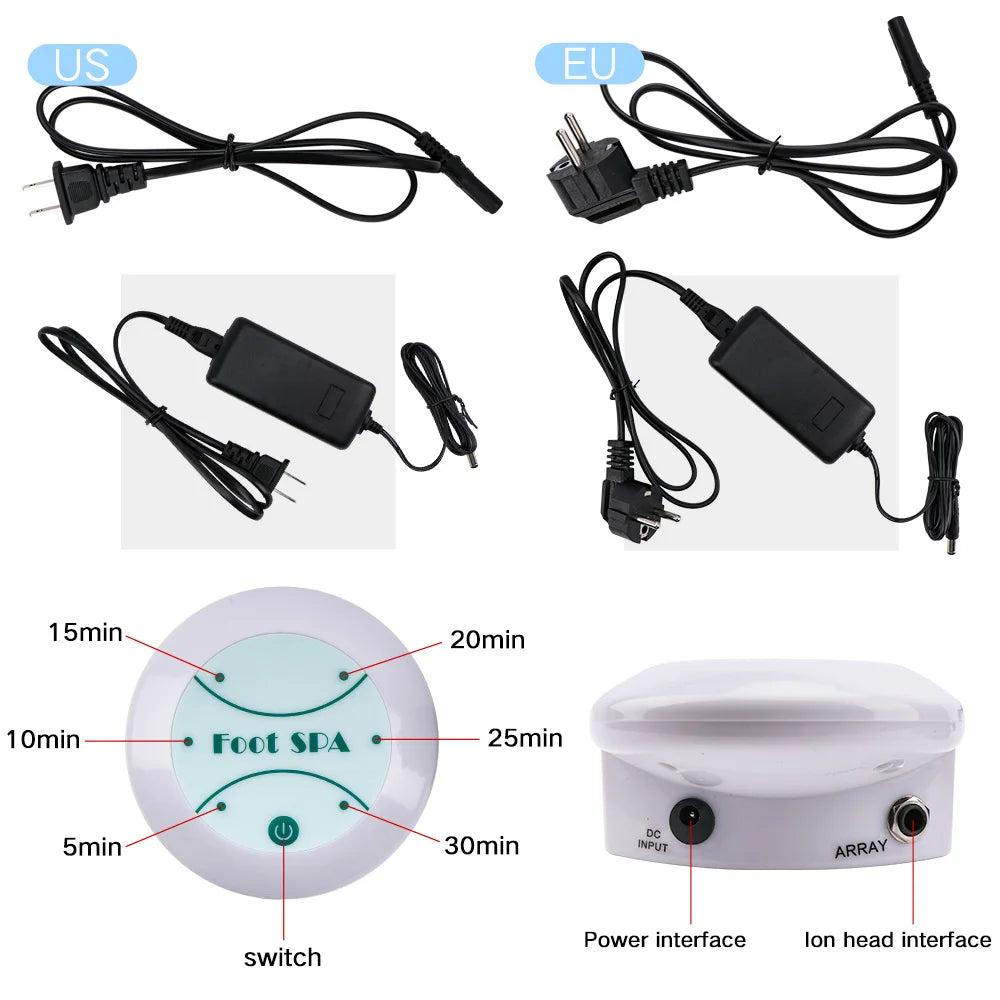 Ionic detox foot spa machine with power cables, timer settings, and control unit for home health relaxation therapy.
