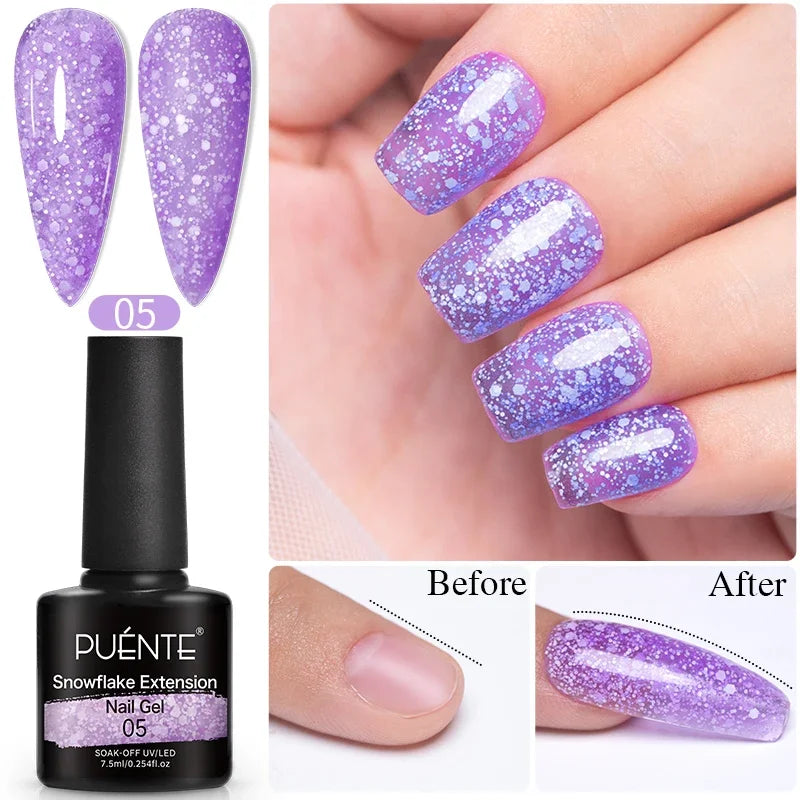 Purple glitter UV extension nail gel bottle with swatch and application photos showing a shiny, speckled finish.