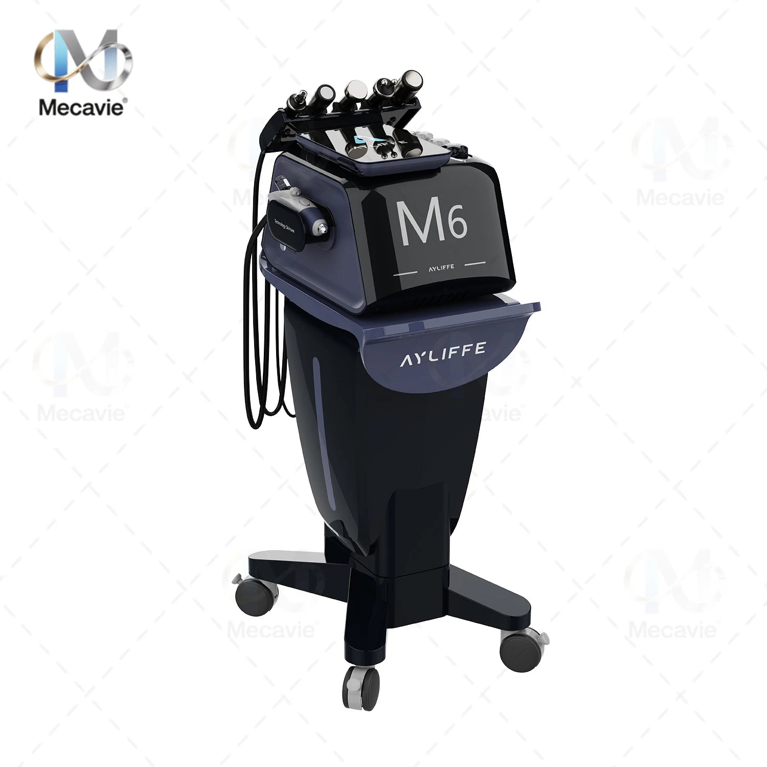 Ayliffe M6 dark blue aesthetic machine on a wheeled base with multiple treatment wands and digital display.