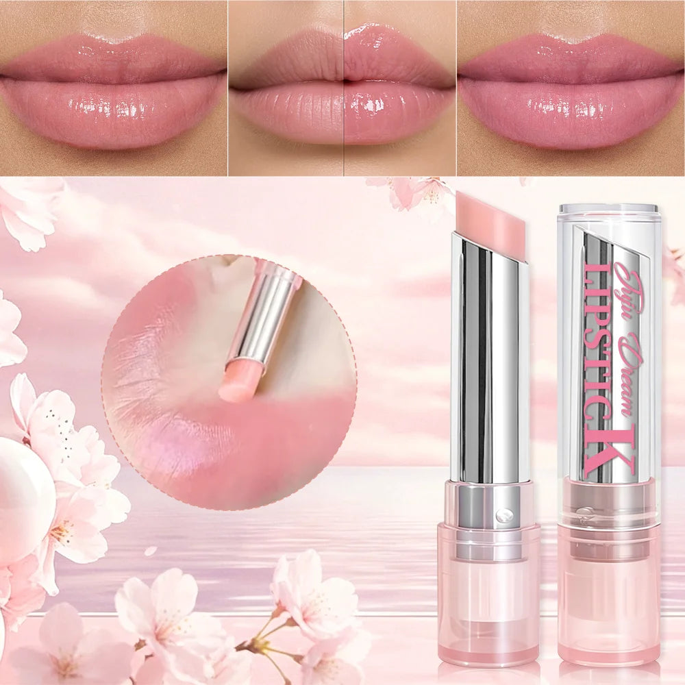 Pink color-changing magic lip balm for a hydrating, glossy, and natural pink finish on lips.