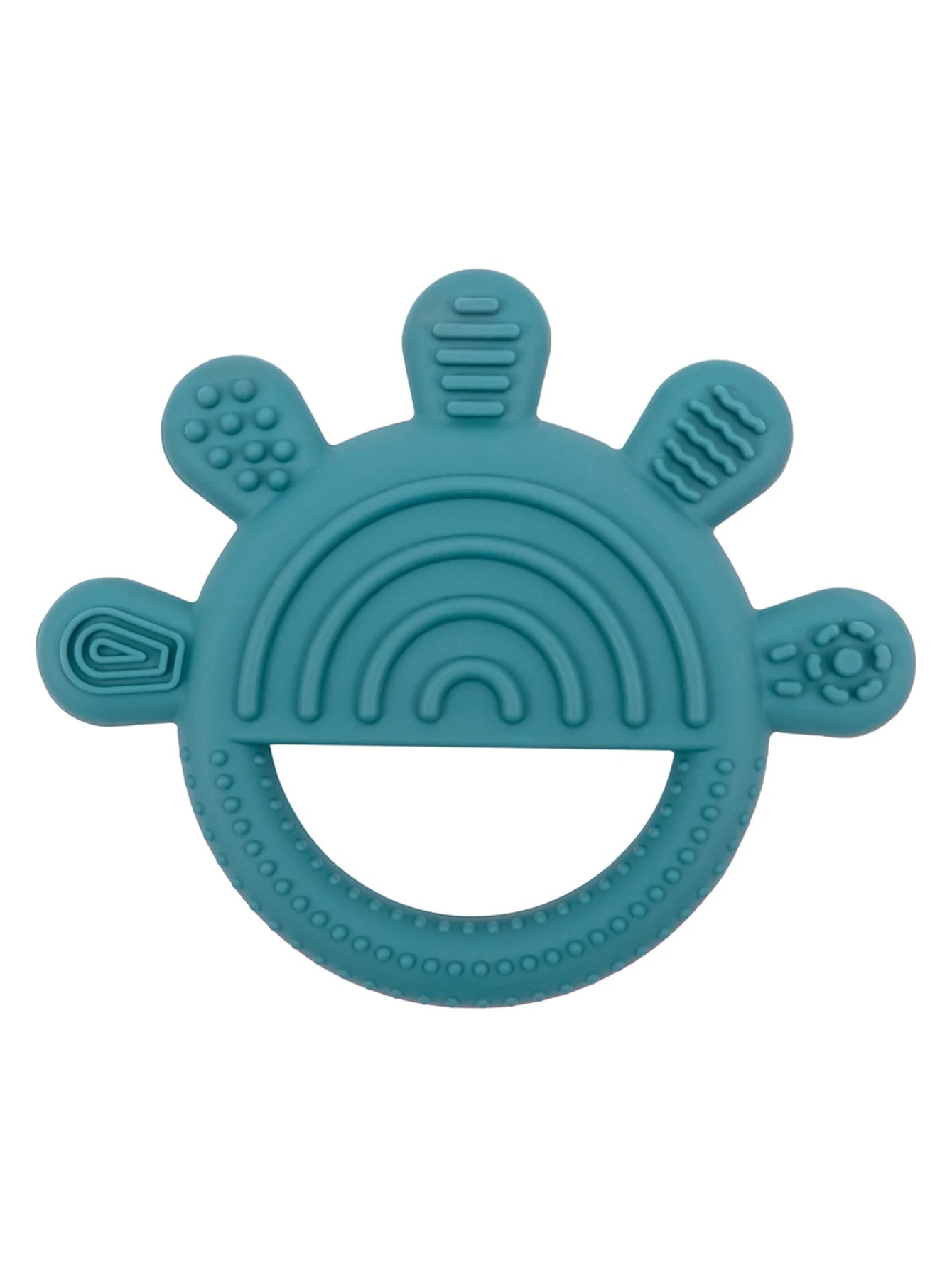Teal silicone teething ring for baby teething relief.