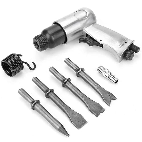 Pistol-style pneumatic air hammer with black spring and five steel chisels