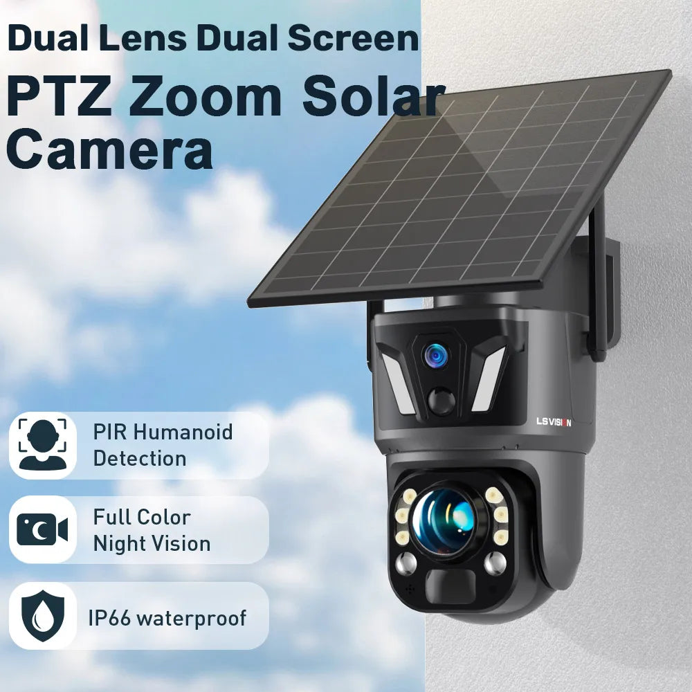 LS VISION 4K 99X Zoom 4G/WIFI Solar Camera Dual Screen PTZ Battery Outdoor Wifi Camera Ai Human Auto Zoom Tracking CCTV Security