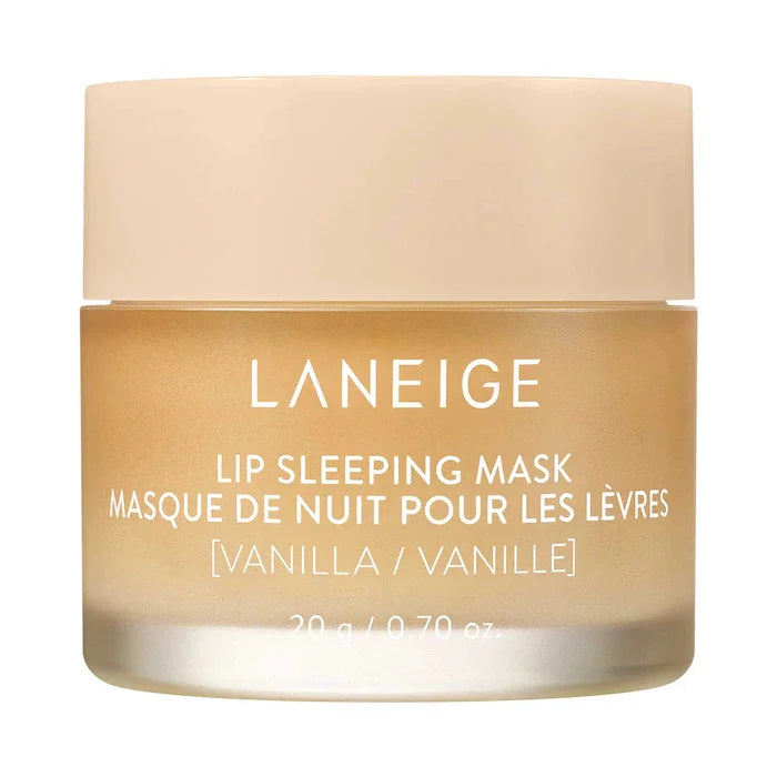 Laneige Vanilla Lip Sleeping Mask in a beige frosted glass jar, moisturizing shea butter lip treatment for soft lips.