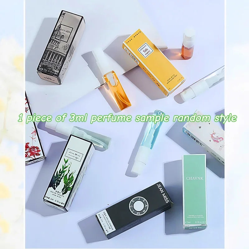 3ml Jean Miss perfume samples, assorted unisex fragrance atomizers in colorful slim rectangular spray bottles.