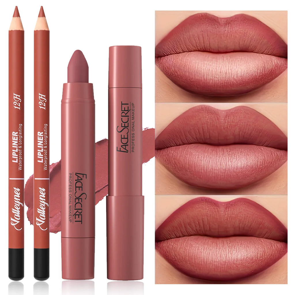 2Pcs matte velvet lipstick and lip liner pencil set in dusty rose for long-lasting, waterproof lip makeup looks.