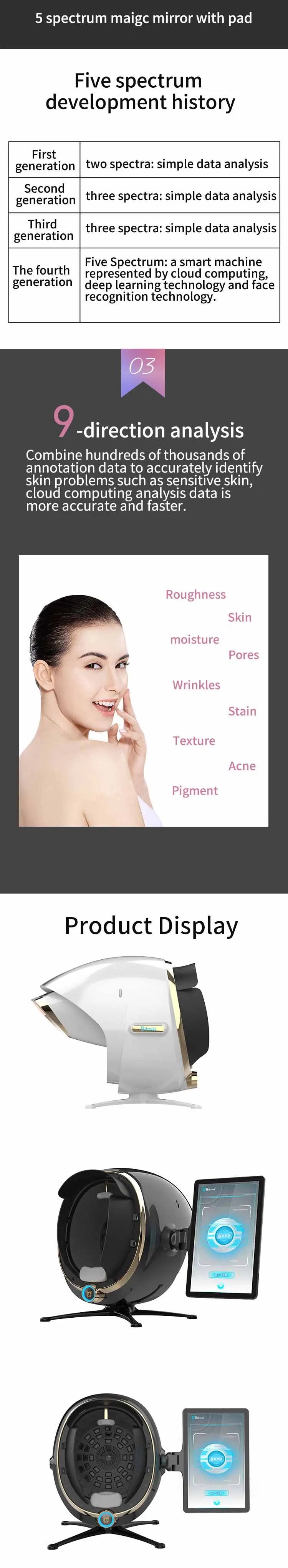Portable 3D skin analysis machine with tablet, featuring 5-spectrum facial scanning for moisture, oil, and texture.